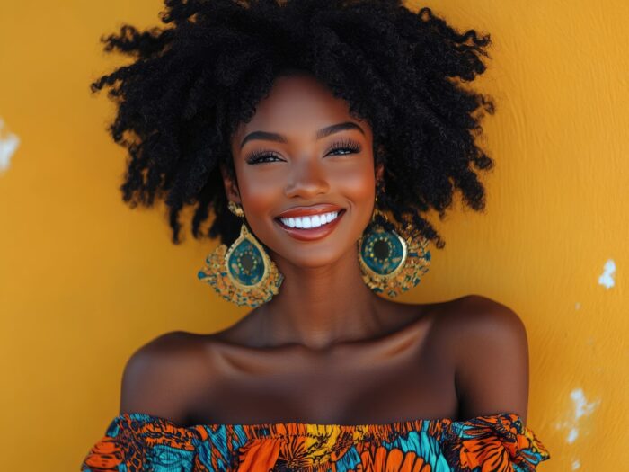 Young black woman with afro hairstyle smiling while standing in front of a yellow wall