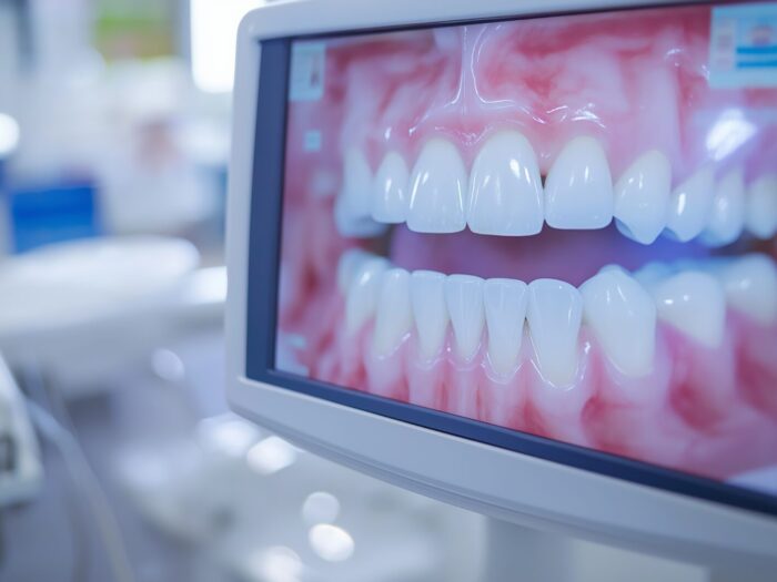 A dentist utilizes a specialized intraoral camera to capture detailed images of a patient's teeth displayed on a monitor. shows modern dental technology for accurate diagnosis and patient care in a clinical environment.
